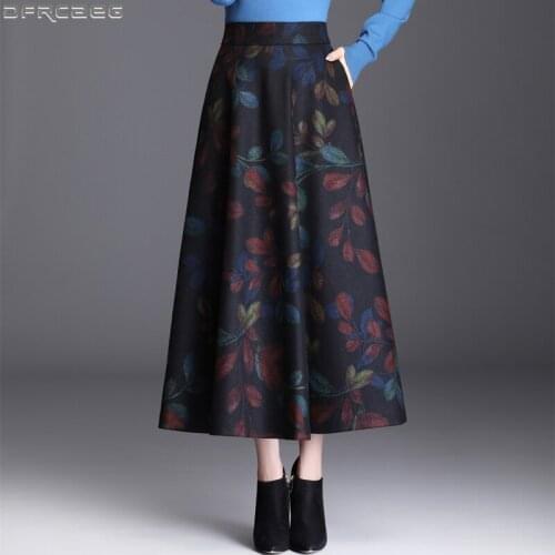2020 Vintage Velvet Woolen Winter Skirts Women Stretch High Waisted A-line Jupe Longue Femme Plus Size Print Maxi Long Skirt