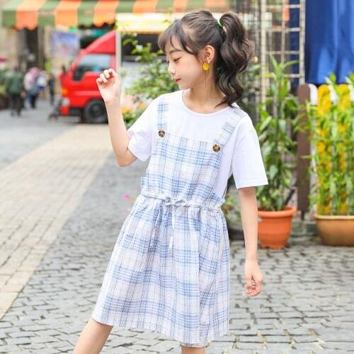 2021 New Baby Girls Plaid Suspender Dress Sets Summer Big Girl White T-shirt + Strap Dress 2Pcs Of 6-16 Years Kids Casual Suit