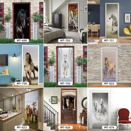 3D Self-adhesive Door Stickers Horse Theme PVC Door Murals Removable and Customizable Waterproof Creative Stickers