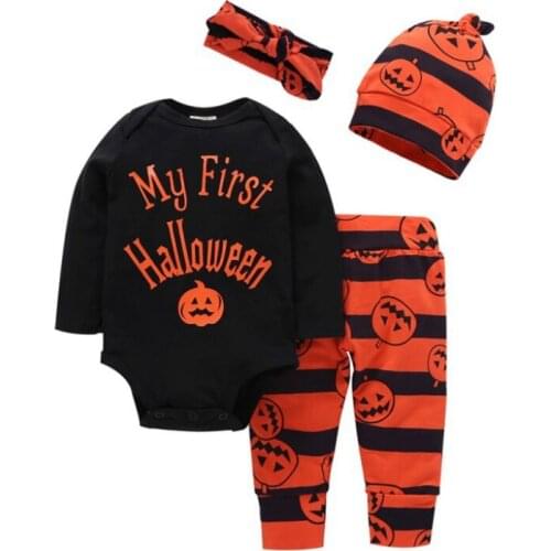 Bobora Toddler Baby Boy Halloween Pattern Long Sleeve Letters Romper Pumpkin Trousers Headband Hat Outfits Clothes Toddler