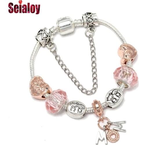 Seialoy Rose Gold Maternal Love Mom Heart Charm Bracelets For Women Original Boy Girl Beaded Children Kids Bracelet Jewelry