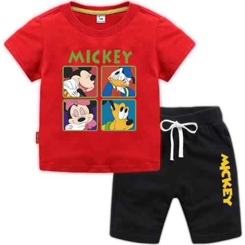Disney Childrens Suit 2-piece Set Baby Girls Summer Mickey Mouse Pattern Baby Boy Vest T-shirt + Pants Girl Letter Printing