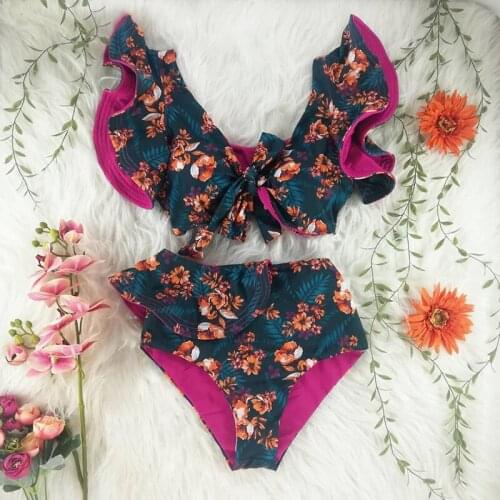 Floral Ruffled Hem Bikini Set Women V-Neck High-Waisted Two Piece Swimsuit 2021 Girl Beach Bathing Suit Swimwear Biquinis