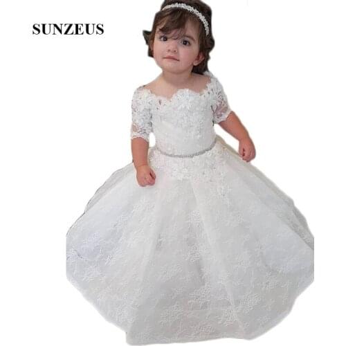 Short Sleeve Lace Flower Girls Dresses Princess Ball Gown Birthday Party Dresses with Appliques Beaded vestido de daminha SF34