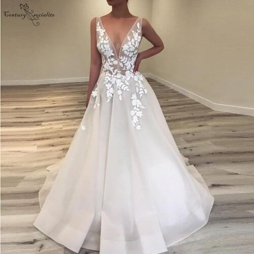 Lace Wedding Dresses 2020 V-Neck Open Back Floor Length Long A-Line Bridal Gowns Bride Dress Vestido de Noiva Cheap