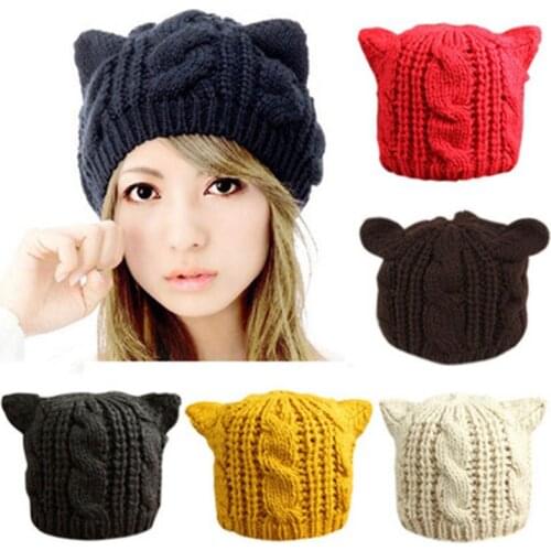 Fashion Women Winter Warm Twisted Knitting Woolen Hat Cat Ear Beanie Ski Hat Cap Hot Sale Sweet Cute Girls Student Hats New