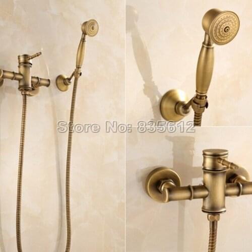 Wall Mounted Retro Bamboo Style Bathroom Single Handle Tub Shower Faucet Antique Brass Finish with Hand Held Shower Head Wtf400