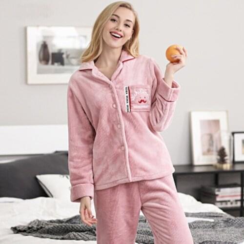 Newest Women Sleepwear Autumn Winter Warm Woman Fannel Pajama Suit Nightwear Pajama home clothing One Set For Ladies