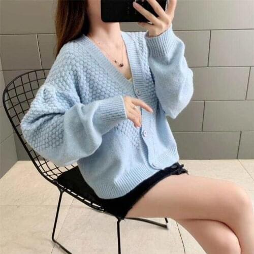 Autumn Womens Wear Bubble Sleeve Knitted Cardigan Womens V-neck Versatile Cardigan Female Fashion Em