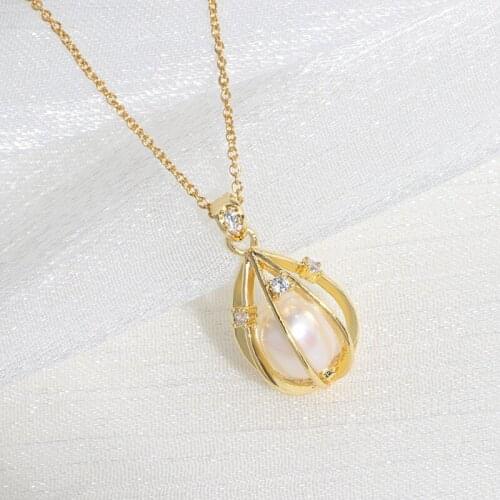 Ebay/Amazon Hot Selling Drop Shipping Gold Plated Natural Pearl Pendant Cage Necklace