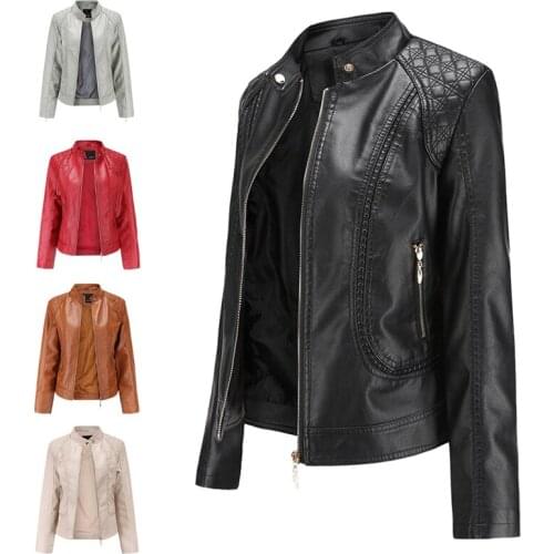 Plus Size Women Faux Leather Coats Long Sleeve Stand Collar Jackets Spring Autumn Casual Slim Female Zipper Biker Outerwear