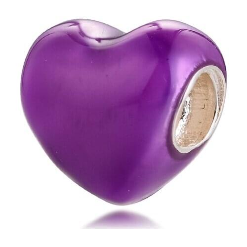 Charms fits for Necklaces Bracelets Metallic Purple Heart Flowers Beads 100% 925 Sterling-Silver-Jewelry Free Shipping