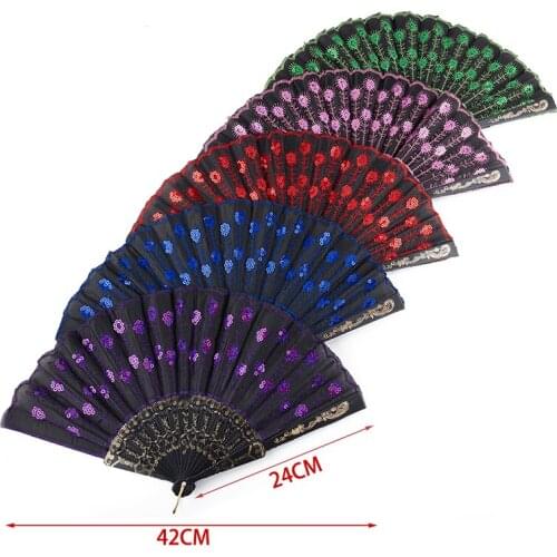 Rainbow Color Dance Fan Peacock Pattern Folding Hand Held Embroidered Sequin Fan
