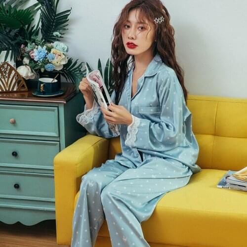High Grade Silk Satin Sleepwear New Spring Summer Pajamas For Women Long Sleeve Print Ladies Nightwear Pijamas Lounge Wear Set