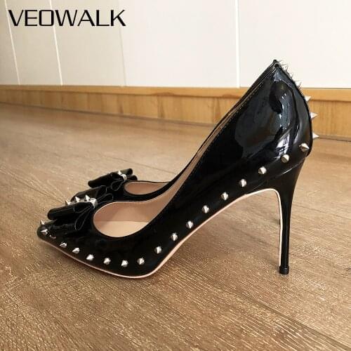 Veowalk Bow Women Black Shiny Pointed Toe Stiletto Pumps with Spikes Sexy Ladies Designer High Heel Party Shoes Size 33 43 44 45
