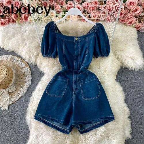 Women Square Collar Denim Jumpsuits Chic Retro Sexy Backless short Sleeve Rompers Summer Streetwear Rompers