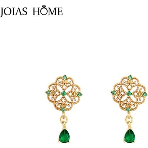 JoiasHome Water Drop Shaped Emerald Earrings for Women Vintage Silver 925 Jewelry Gemstones Hollow Pattern Long Ear drops Gifts