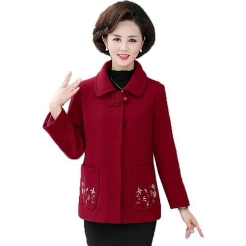 Embroidery Wool Coat Womens New 2020 Autumn Winter Short Blended Woolen Casual Jacket Outwear Female Tops Mother dress 4XL W95