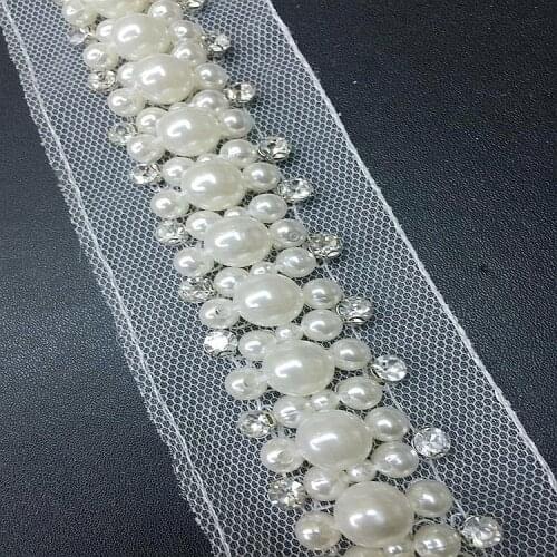 2Yards 4cm White Pearl Beaded Embroidered Rhinestones Applique Braided Lace Ribbon Trim Collar For Wedding Dress Bride Belt