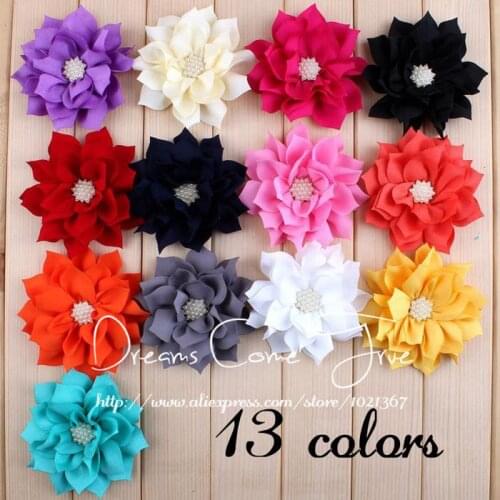 50pcs/lot 3.6" 13Colors Handmade Fabric Lotus Flowers For Hair Accessory Artificial Wedding Decorative Flowers+Pearl Buttons