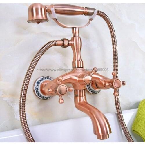 Antique Red Copper Bathroom Wall Mounted Tub Faucet With Handshower Double Cross Handles Bna324