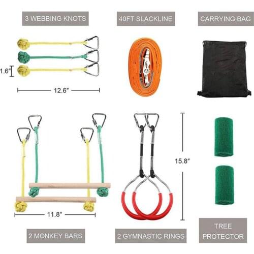 Childrens Obstacles Sling Ring Monkey Pole Outdoor Physical Training Combination Portable 40 Foot Slackline Bar Kit Kids