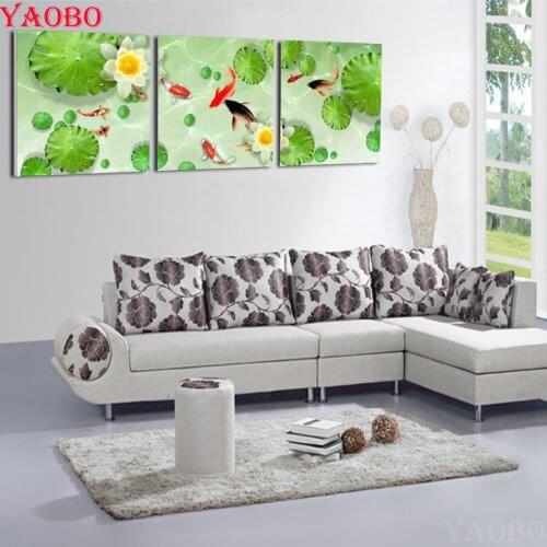 DIY Diamond Painting Cross Stitch Koi fish Lotus landscape Diamond Embroidery 3Piece Mosaic Resin Square/Round Drill Home Decor