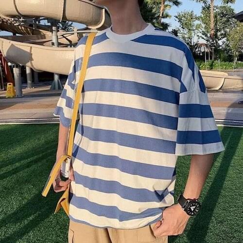 Japanese Half Sleeve Striped Sailor T-Shirt Men Summer Striped Loose T Shirt Streetwear Men Japan Horizontal T shirts For Boy