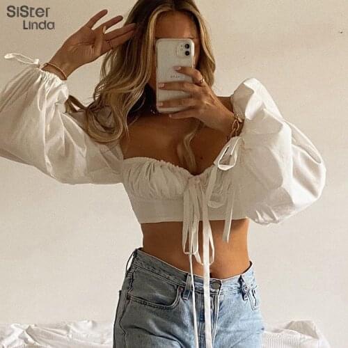 Fashion Elegant Romantic Tassel T Shirt Female Top High Quality Lantern Sleeve Sexy Bandage Slim Wild Korean Chic Streetwear2020