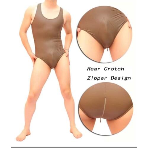 Thin High Elastic Imitation Latex Body Sculpting Clothing Men Tights Matte PVC Jumpsuits Gym Singlet Rear Crotch Zipper Gay Wear