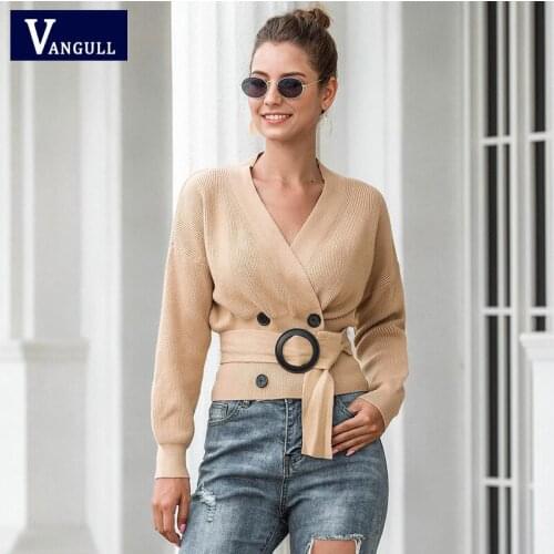 Vangull Knitted Double Breasted Long Sleeve V-Neck Women Sweater Fashion 2020 New Black Cardigan Autumn Winter Clothes Knitwear