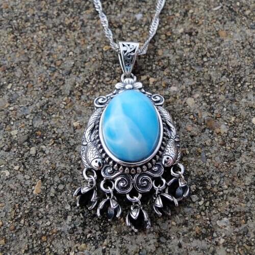 Hot Selling Wholesale Larimar Jewelry Oval 12x16mm Natural Dominica Larimar Pendant Necklace 925 Silver For Women