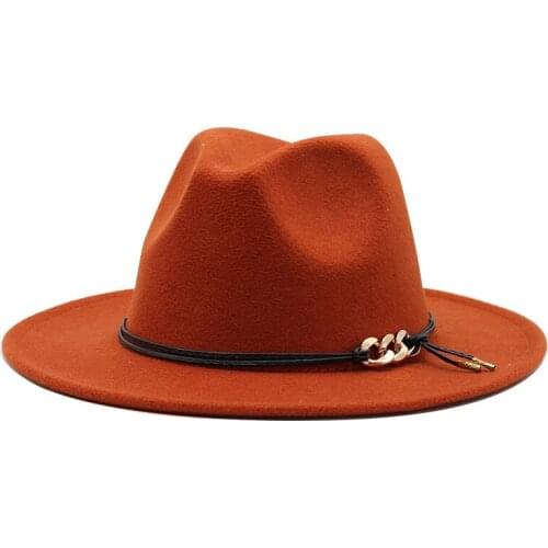 Fashion jazz hat winter woolen fedora hat men and women autumn black wide brim necklace top hat solid color Panama hat