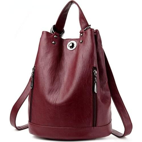 Fashion Women Backpack PU Leather Womens Bucket Shoulder Bag Female Travel Bag Back Pack Multifunctional Backpack Black Daypack