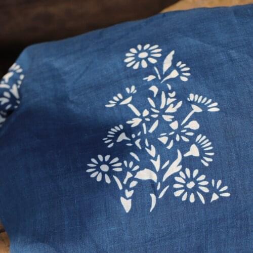 Natural pure ramie fabric Grass dyed blue daisy prints tissu Brand order custom dress shirt gown sewing