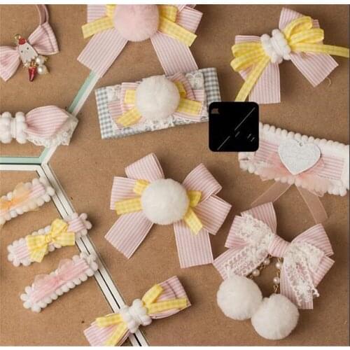 Pink plaid Bowkot Sister Kawaii Sweet Lolita Hairpin Womens Cosplay Headwear Hair Accessory Side Clip B1012