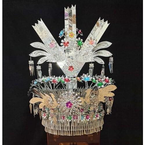 Chinese Style Miao Silver Hats Handmade Miao Hat Stage Performance Costume Headwear Sequins Headdress Hmong Festival Accessories