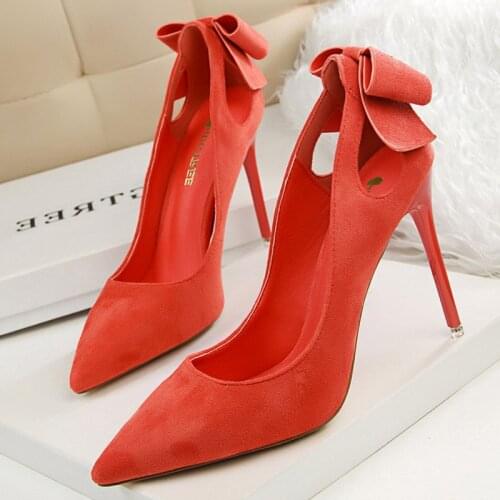 BIGTREE Shoes Sweet High Heels 2020 Hot Suede Women Shoes Bow-knot Pumps Women Stiletto Flock Shoes Women Heels Wedding Shoes