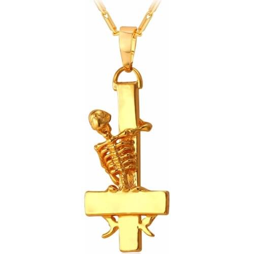 U7 Inverted St. Peter Cross Necklace & Pendant Gold Color Skull Gothic Occult Satanic Men Jewelry Devil Upside Down Cross P823