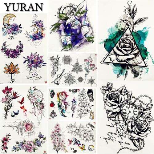 YURAN Watercolor Temporary Tattoo Stickers Flash Large Women Flash Tatoos Geometric Rose Sexy Water Transfer Tatoos Dreamcatcher
