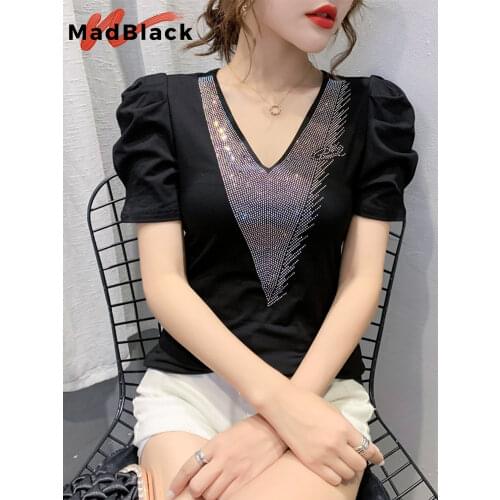 Summer Korean Style T-Shirt Solid Fashion V-Neck Shiny Diamonds Women Tops Ropa Mujer Casual Cotton Puff Sleeve Tees New T08118L