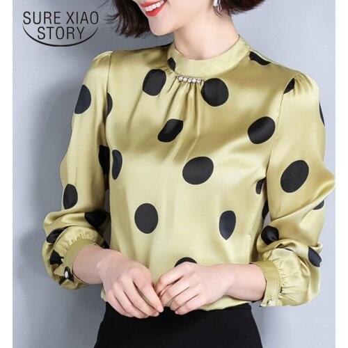 2021 Spring New Korean Elegant Slim Fit Lady Tops Long Sleeve Stand Collar Polka Dot Chiffon Blouse Women Blusas Mujer 9045 50