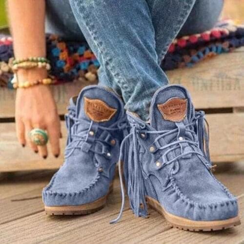 2021 Women Ankle Boots Ladies Suede Shoes Tassel Boots Pop Tide Lace-Up Boho Boots Women Flat Shoes Cowboy Shoes Short Boots