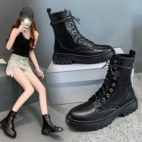2021 White Black Pu Leather Ankle Boots Women Autumn Winter Round Toe Lace Up Shoes Woman Fashion Motorcycle Platform