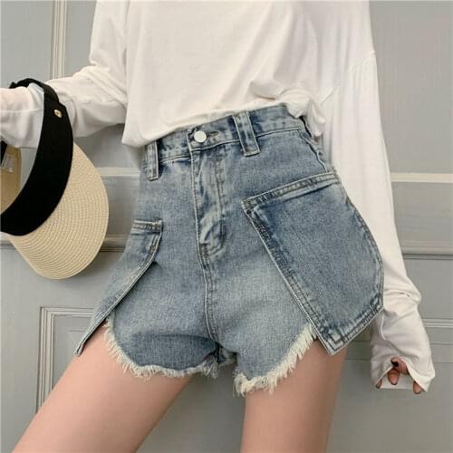 Women Split Jean Shorts 2021 High Waist Solid Jeans Plus Size Summer Blue Tassel Shorts Fashion Streetpants Hot Bottoms 625