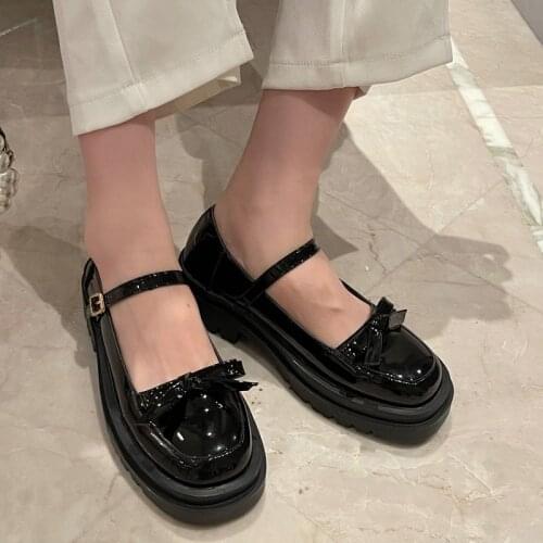 One Word Buckle Shallow Mouth Ladies Single Shoes Spring And Summer New Sweet Bow Japanese Small Leather Shoes