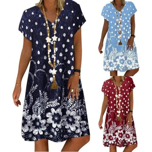 S-4XL Stylish Women V Neck Short Sleeve Floral Waterdrop Print Loose Knee-length Dress