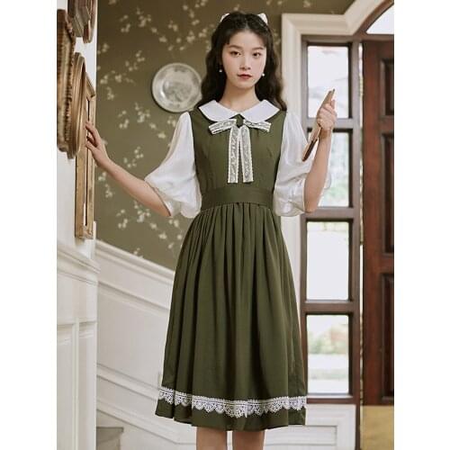Summer Womens College Style Doll Collar Navy Style Dark Green Dress Retro Literary Girl Style Lantern Sleeve Mid-Length Dress