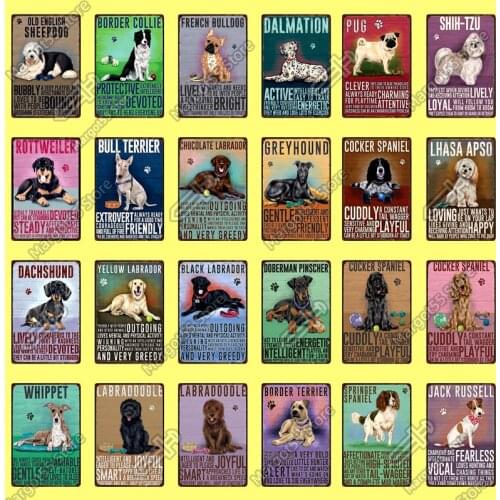 Pet Dogs Pug Dachshund Border Collie Greyhound Metal Sign Poster art Vintage Mural Painting Custom for Bar kithchen Coffee Decor