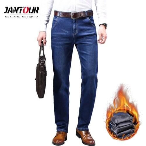 Winter Mens Warm Jeans Classic Style Thicken Denim Elastic Fit Black Jean Pants Male Brand Casual Business Blue Trousers 28-40